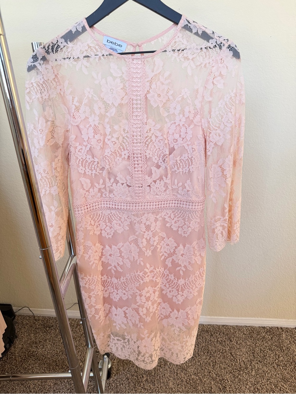 bebe Pale Pink Floral Lace Midi Dress